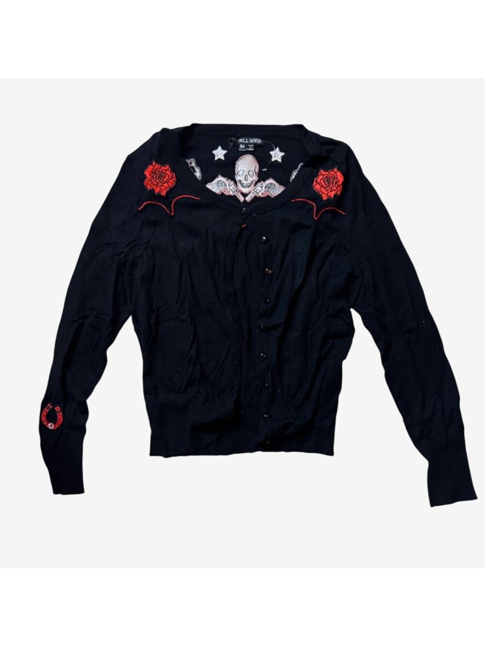 Hell Bunny Womens Black Cardigan With Skull Rose & Star Embroidery Size M $75